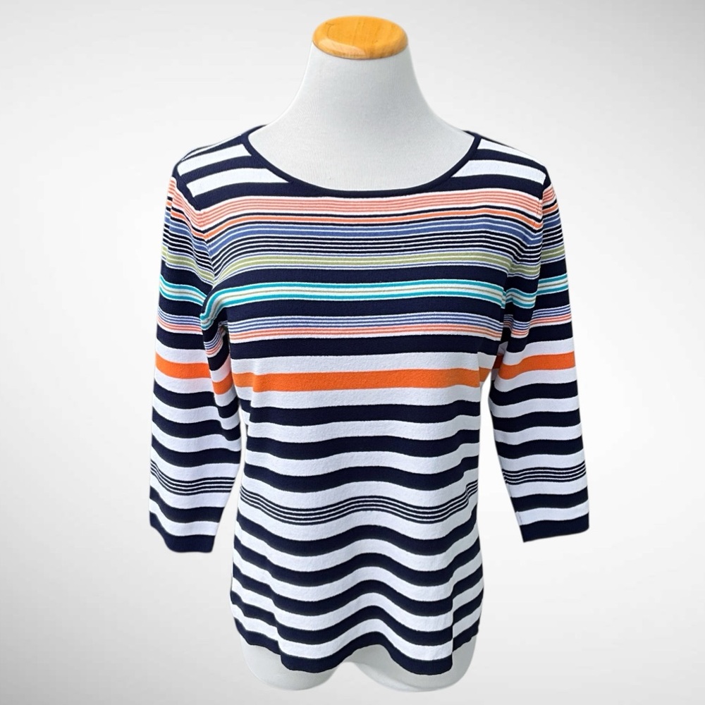 Alfani Multi-Striped 3/4-Sleeve Pullover Scoopneck Sweater *Runs Small*